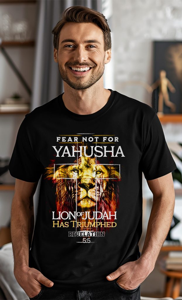 Man wearing a Yahusha Lion of the Tribe of Judah Shirt