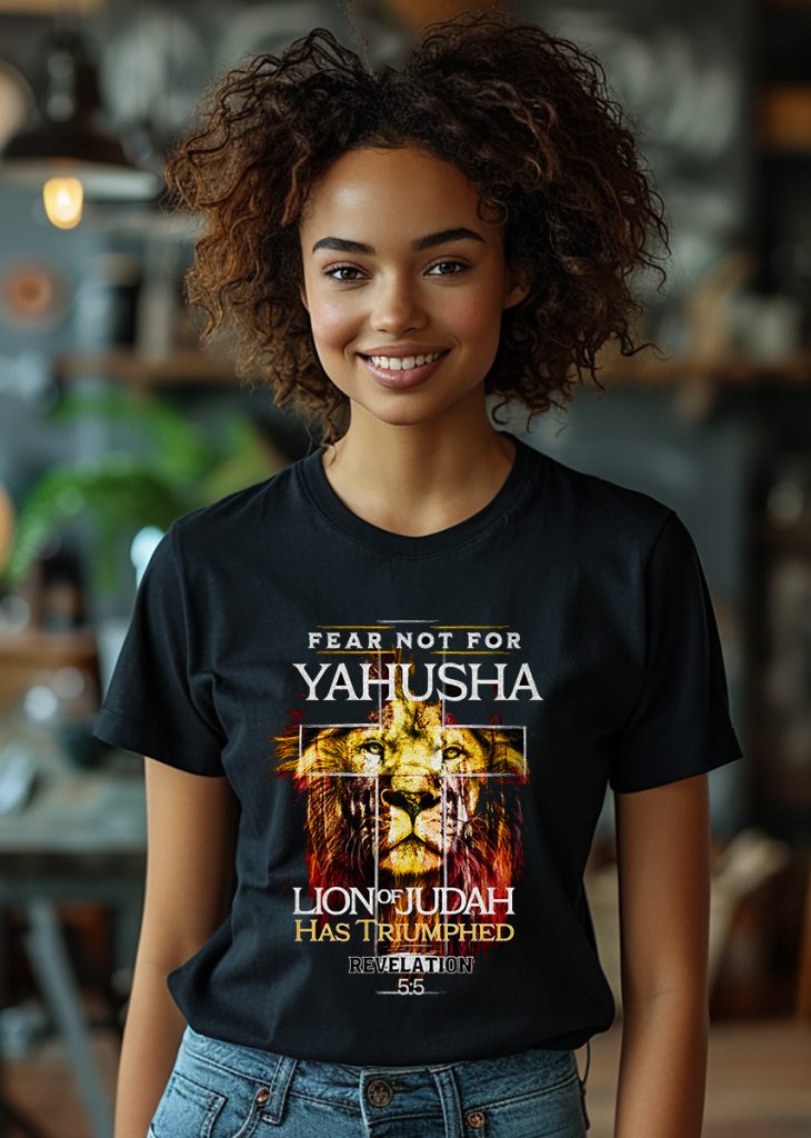 Woman wearing a Yahusha Lion of the Tribe of Judah Shirt