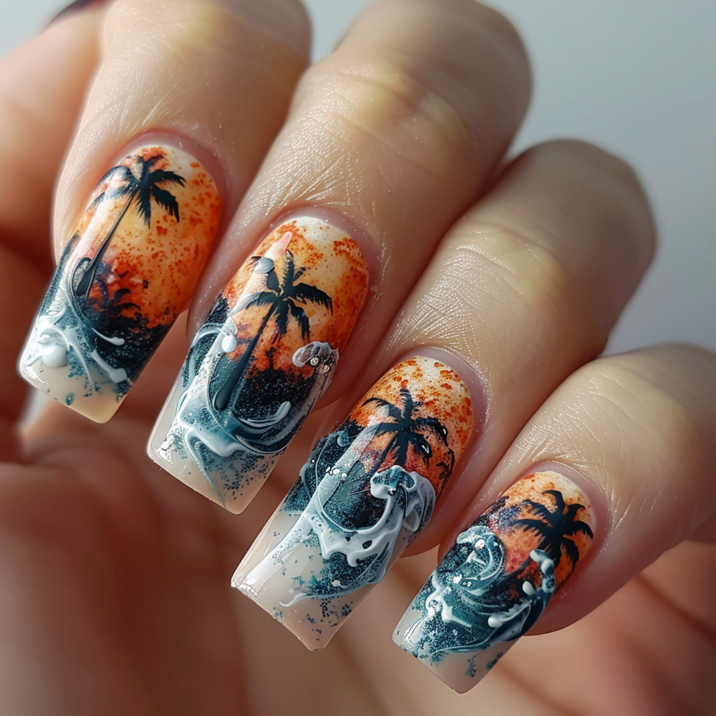 Summer Nail Design featuring tropical palm trees and ocean waves.