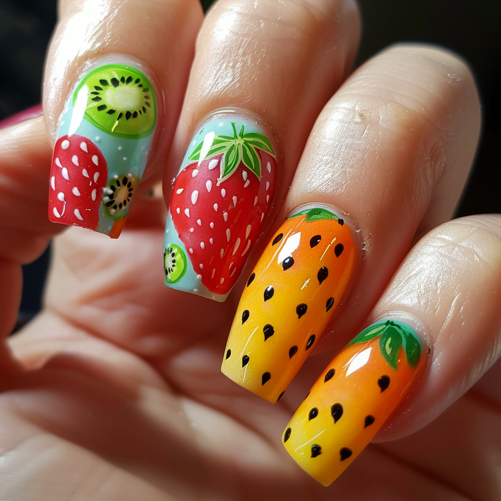 Summer Nail Design featuring strawberries and kiwi.