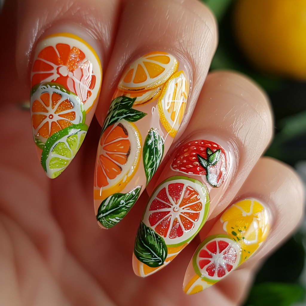 Summer Nail Design featuring citrus slices.