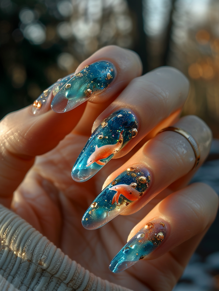 Summer Nail Design featuring turquoise colors and dolphins.