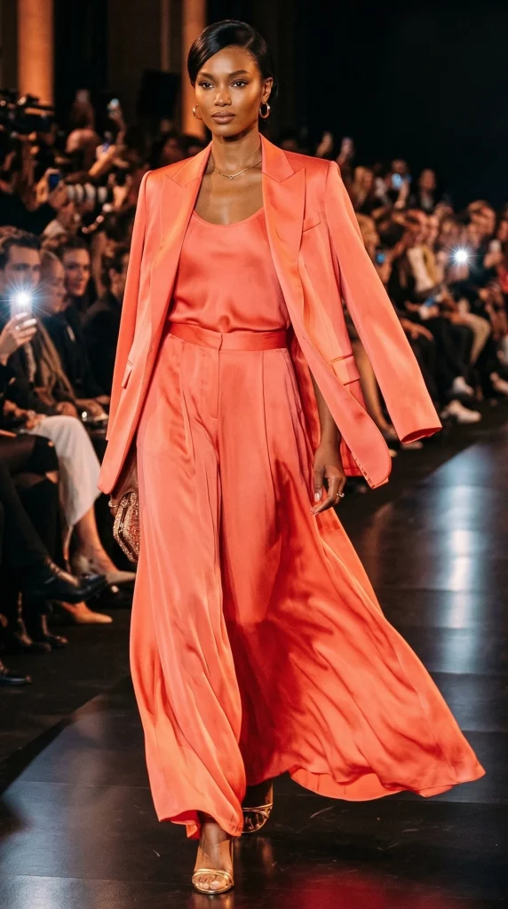 Runway model showcasing a bright coral monochrome satin outfit featuring wide-leg trousers, a silk camisole, and a matching draped blazer.