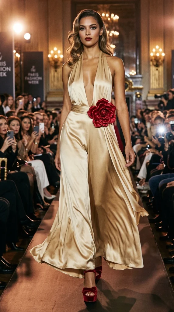 Runway model wearing a glamorous gold satin halter jumpsuit with a plunging neckline and large red rose waist detail, walking the catwalk.