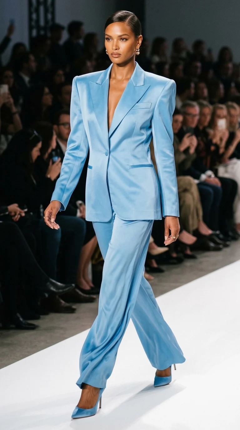 Elegant runway model wearing a tailored light blue satin suit with a structured blazer, wide-leg trousers, and matching pointed-toe heels.