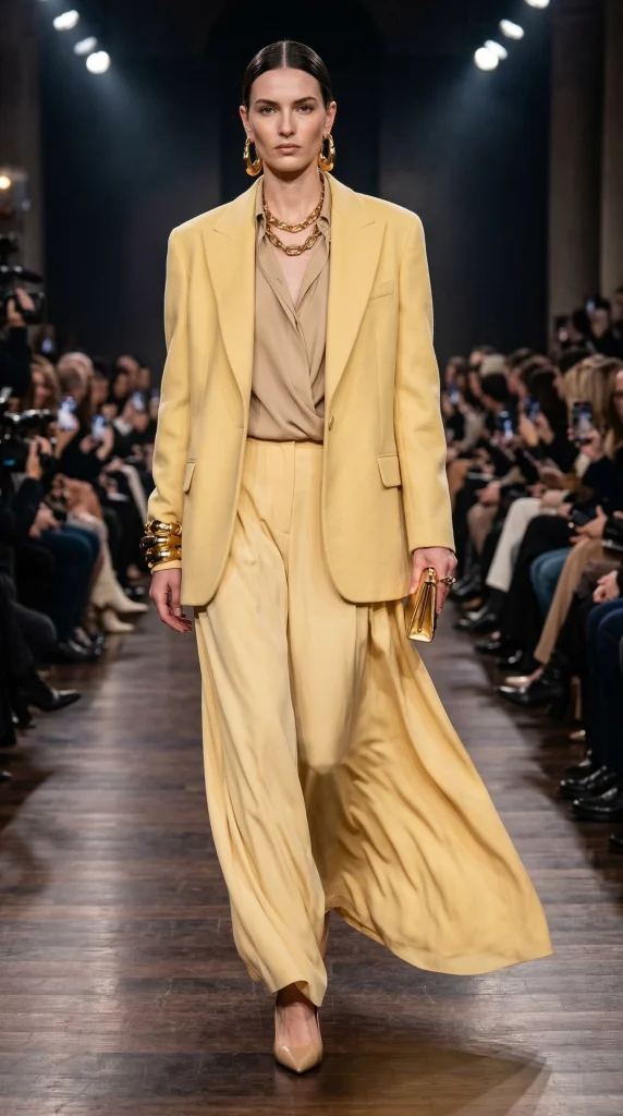 Fashion model walking the runway at Milan Fashion Week wearing a relaxed pastel yellow oversized suit, beige silk blouse, and chunky gold jewelry.