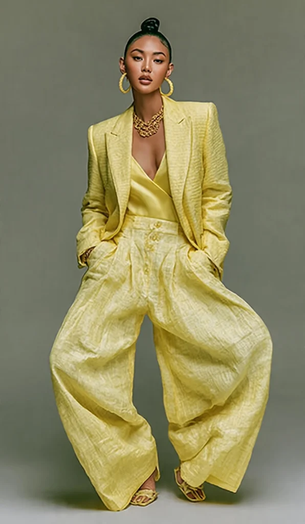 Full body studio shot of a model with a top knot bun wearing a trendy oversized yellow suit featuring a casual blazer and extreme wide-leg trousers, paired with woven yellow sandals.