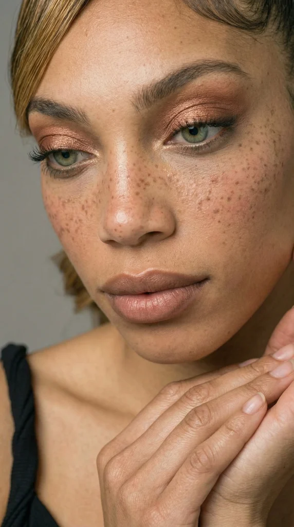 A high-resolution portrait headshot of Prenny Charisse, highlighting her distinct green eyes, prominent freckles, and natural makeup aesthetic.