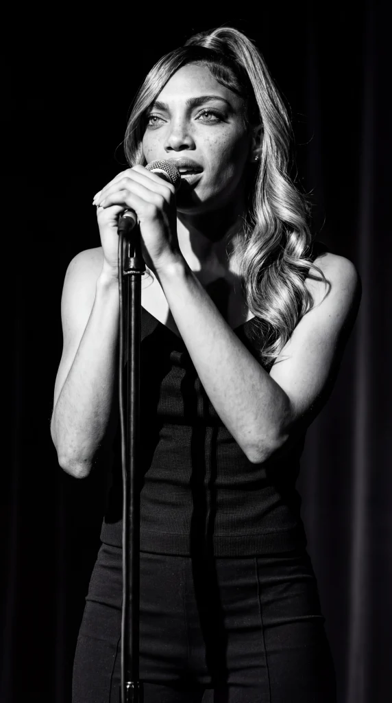 A dynamic black and white photograph capturing Prenny Charisse singing live with passion on stage.