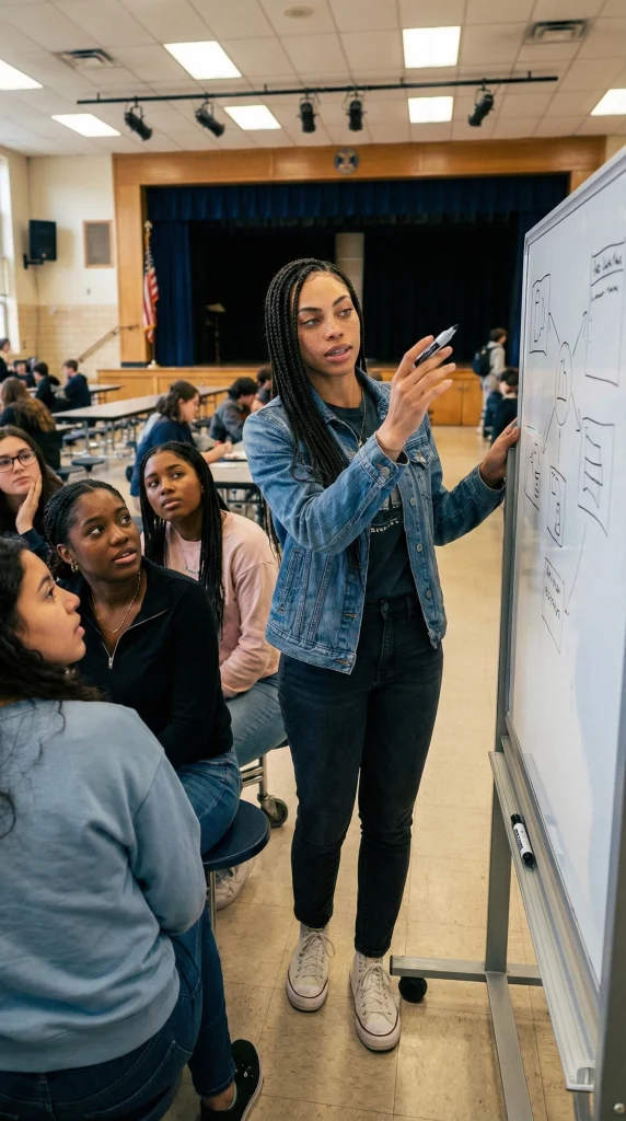Prenny Charisse, founder of Queens Building Kingdoms, leading a mentorship workshop and teaching female students at a whiteboard in a large assembly hall.