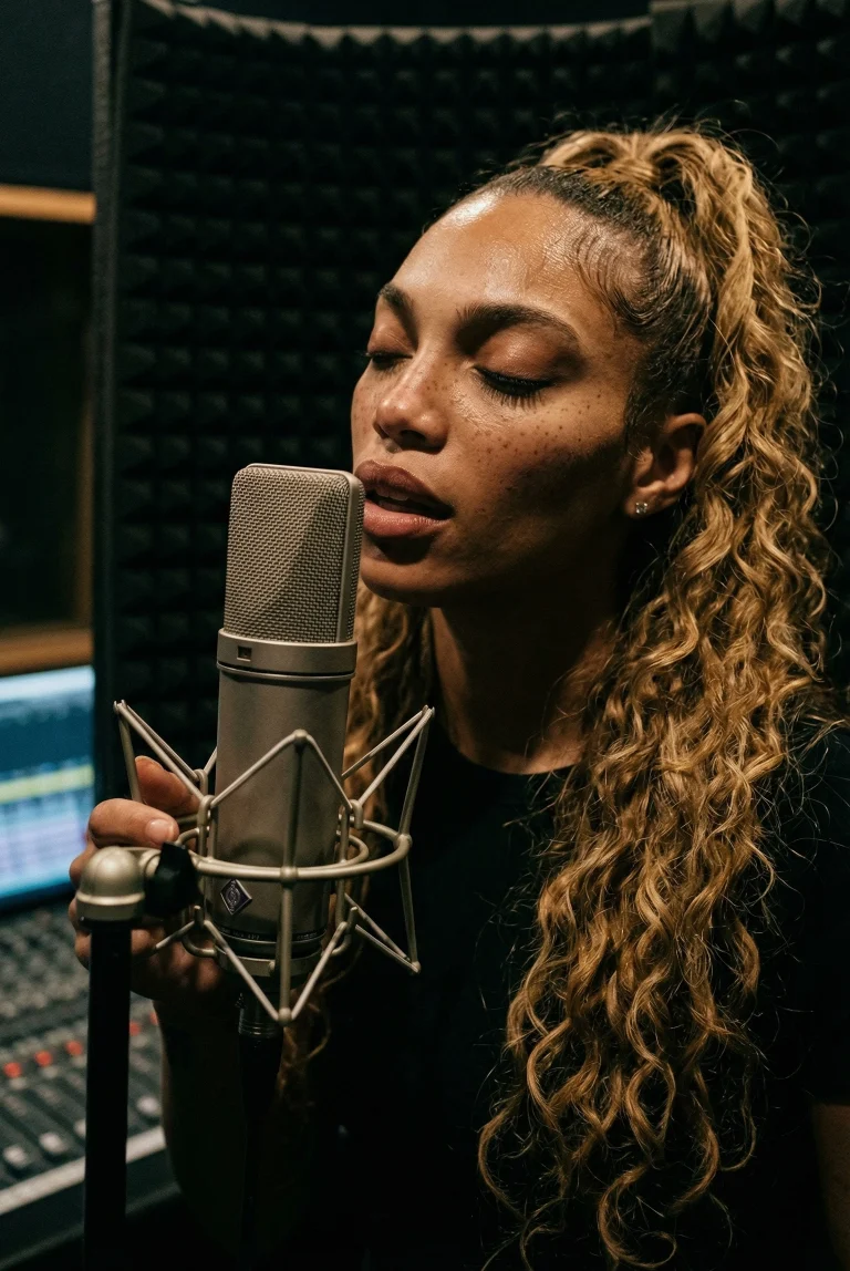 Prenny Charisse recording vocals into a professional Neumann microphone in a dimly lit studio environment.