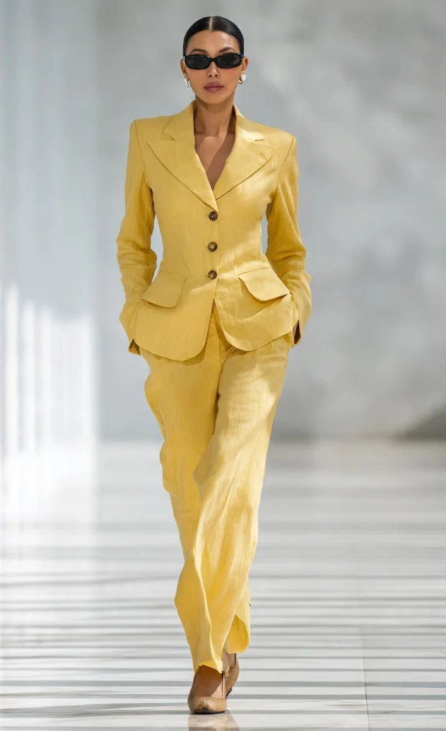 Full body shot of a fashion model walking the runway wearing a tailored yellow linen pantsuit with a buttoned blazer, matching trousers, and black sunglasses.