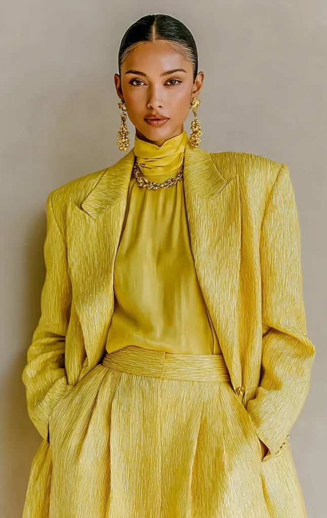 Editorial fashion shot of a model wearing a structured yellow power suit paired with a high-neck yellow silk blouse, a chunky gold chain necklace, and elaborate gold drop earrings.