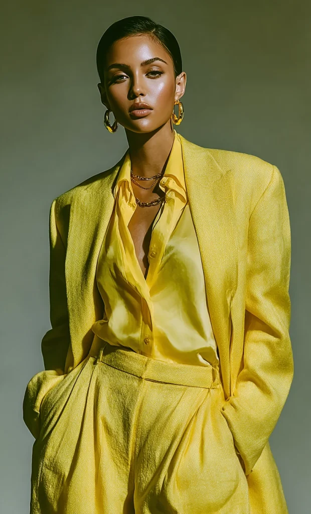 Close up of a female model with an olive complexion wearing a bright yellow blazer over an unbuttoned yellow silk blouse, accessorized with layered gold chain necklaces and thick gold hoop earrings.