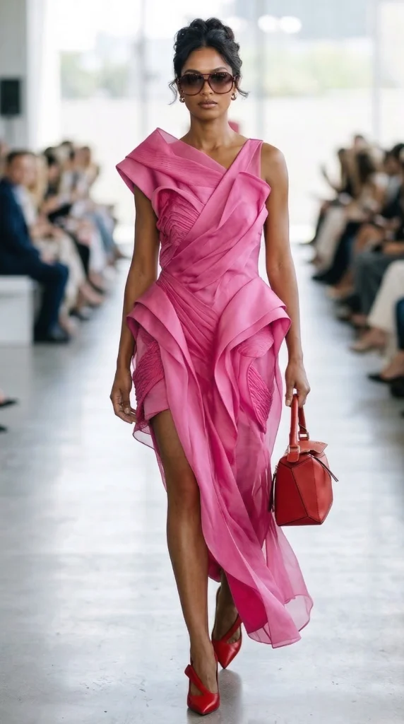 Model on the Anjenel Spring 2026 runway wearing a pink draped asymmetrical gown with a high leg slit, accessorized with a red handbag.