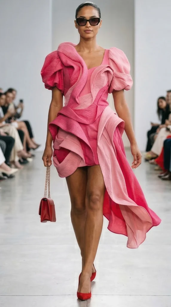 Model walking the Anjenel Spring 2026 runway in a pink ombré sculptural mini dress with a dramatic draped side train, holding a small red bag.