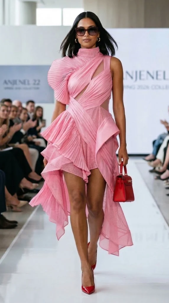 Model walking the Anjenel Spring 2026 runway wearing a light pink asymmetrical pleated dress with cutouts, paired with a red mini handbag and red heels.