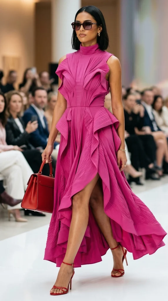 ANJENEL22 Spring 2026 Collection.
Model on the Anjenel Spring 2026 runway in a sleeveless magenta dress featuring heavy pleated ruffles and an asymmetrical hem, carrying a red top-handle bag.