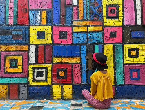 Woman looking at colorful blocks and designs.